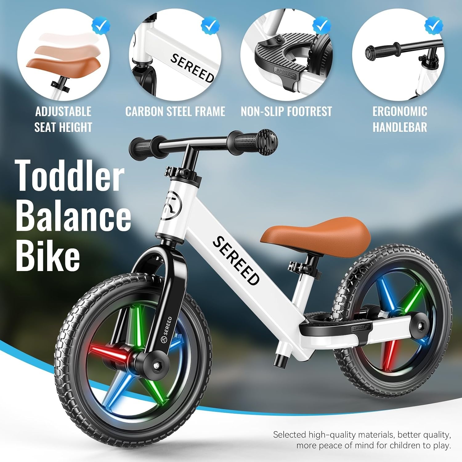 image:imageSEREED Toddler Balance Bike 2 Year Old No Pedal Kids Bicycle Toys for 25 Years Old ToolFree Adjustment Customize Plate with Stickers Gift for 23 Boys Girls Mint GreenWhite Lighting
